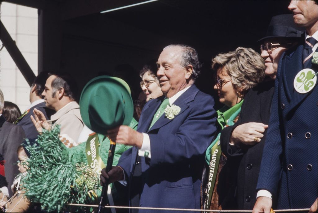 St. Patrick's Day Parade reviewing stand, Richard J. Daley and others