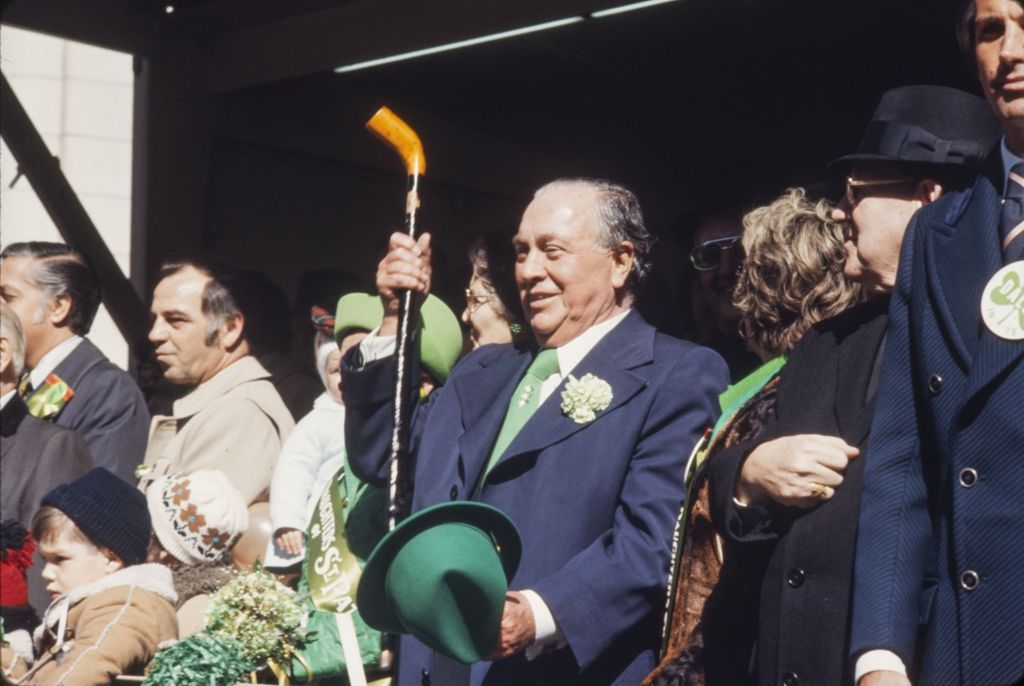 St. Patrick's Day Parade reviewing stand, Richard J. Daley with others