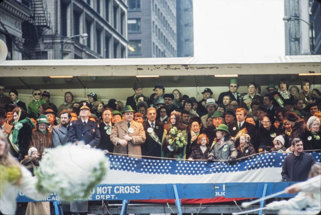 St. Patrick's Day Parade reviewing stand, Richard J. Daley and others