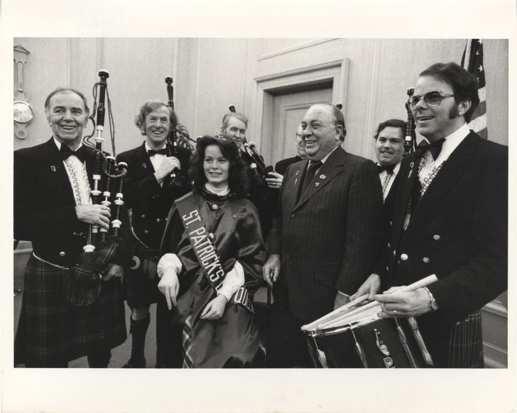 Richard J. Daley with St. Patrick's Day Queen and Shannon Rovers pipe band