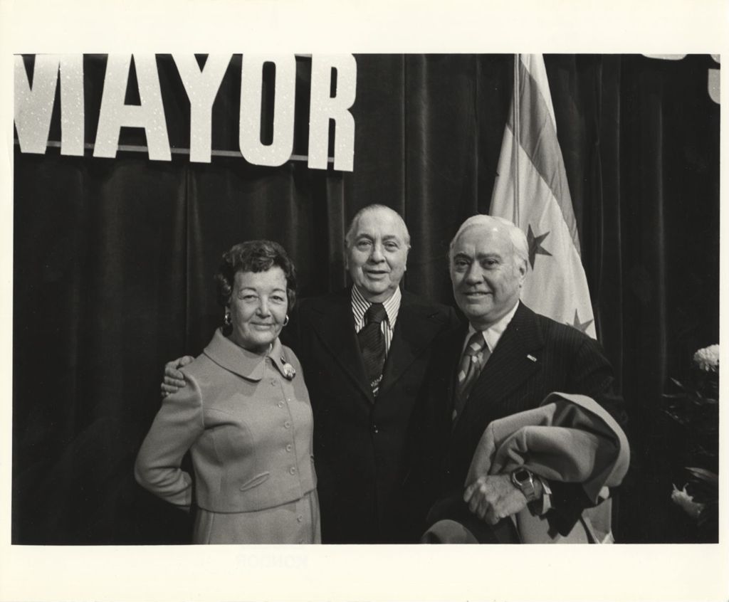Miniature of Richard J. Daley, Eleanor Daley and a man on primary election night