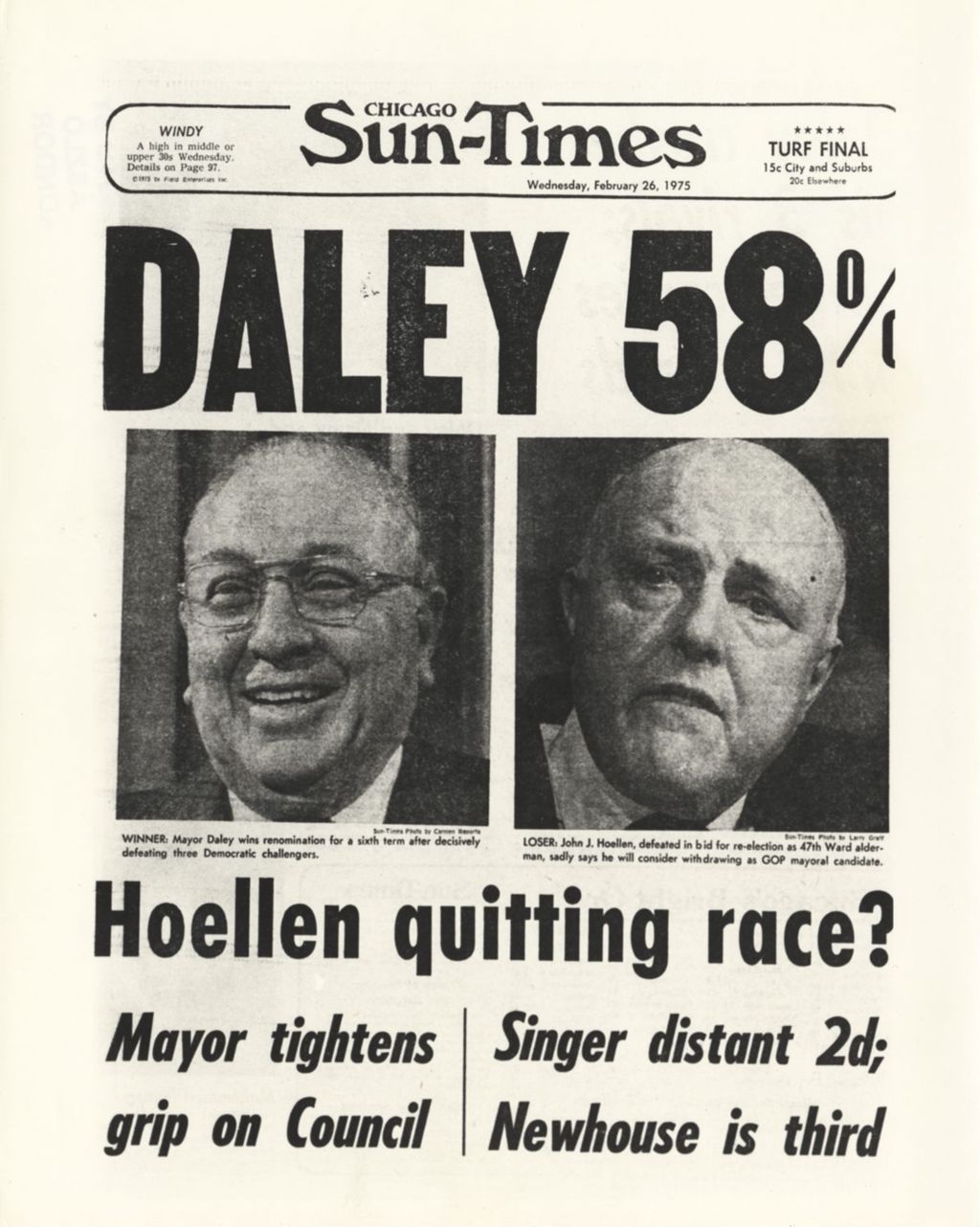 Miniature of Chicago Sun-Times headline "Daley 58%"