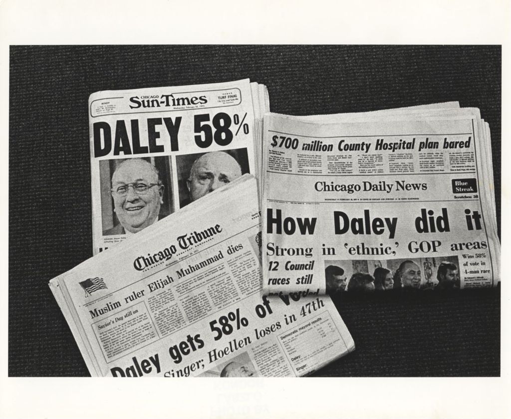 Newspapers with headlines about Daley's victory in the mayoral primary election