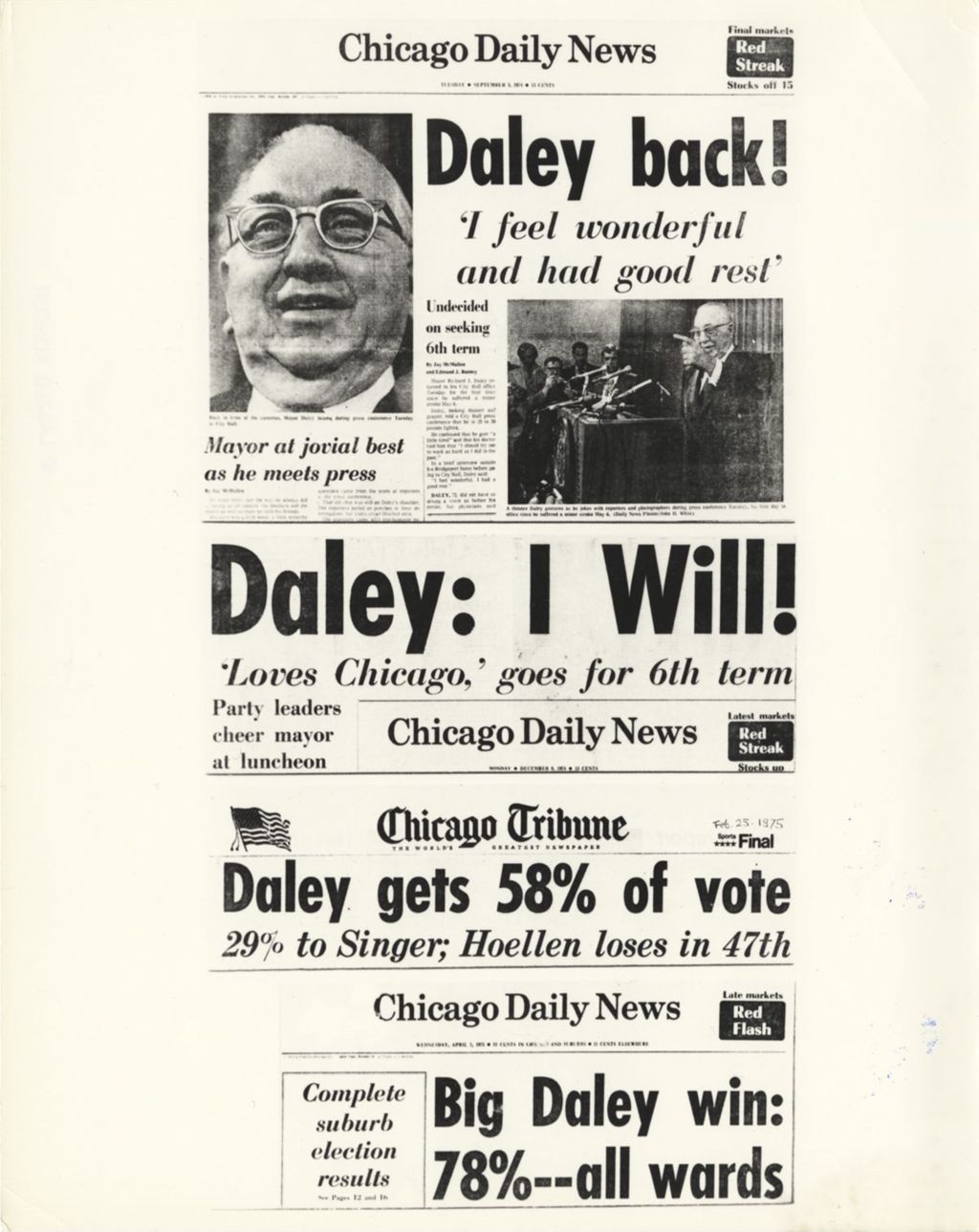 Miniature of Newspaper headlines about Richard J. Daley's sixth mayoral campaign