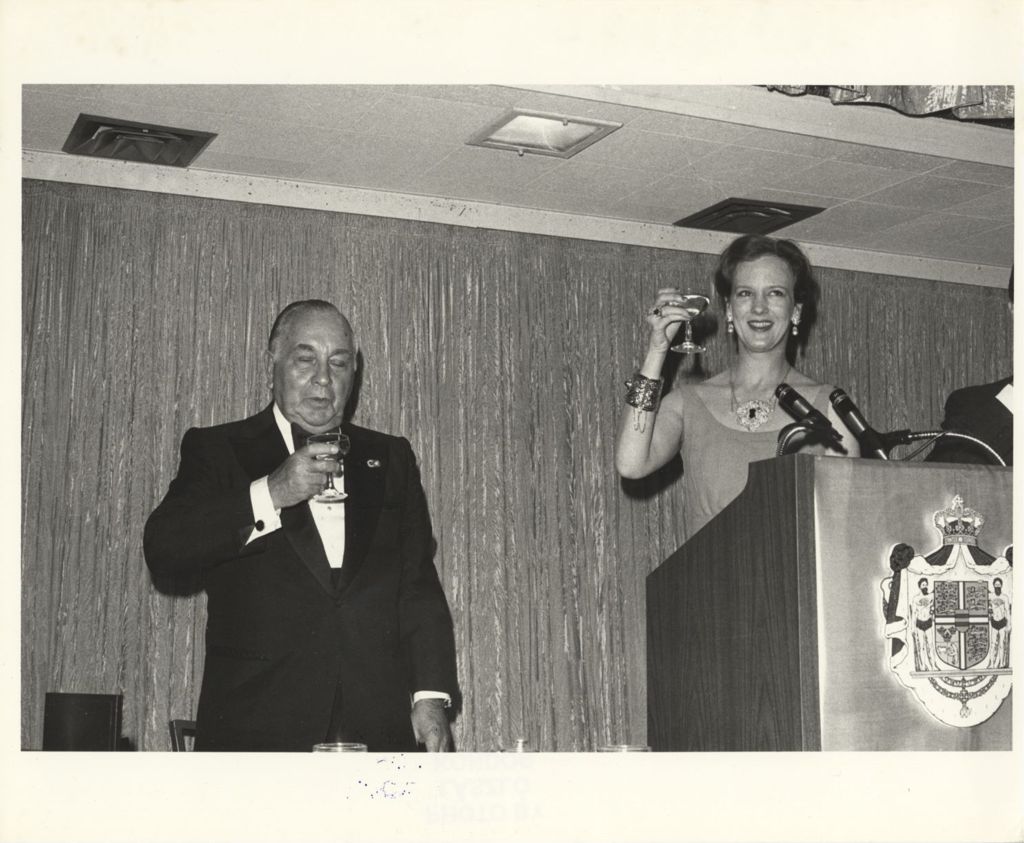 Miniature of Queen Margrethe II of Denmark and Richard J. Daley at a banquet