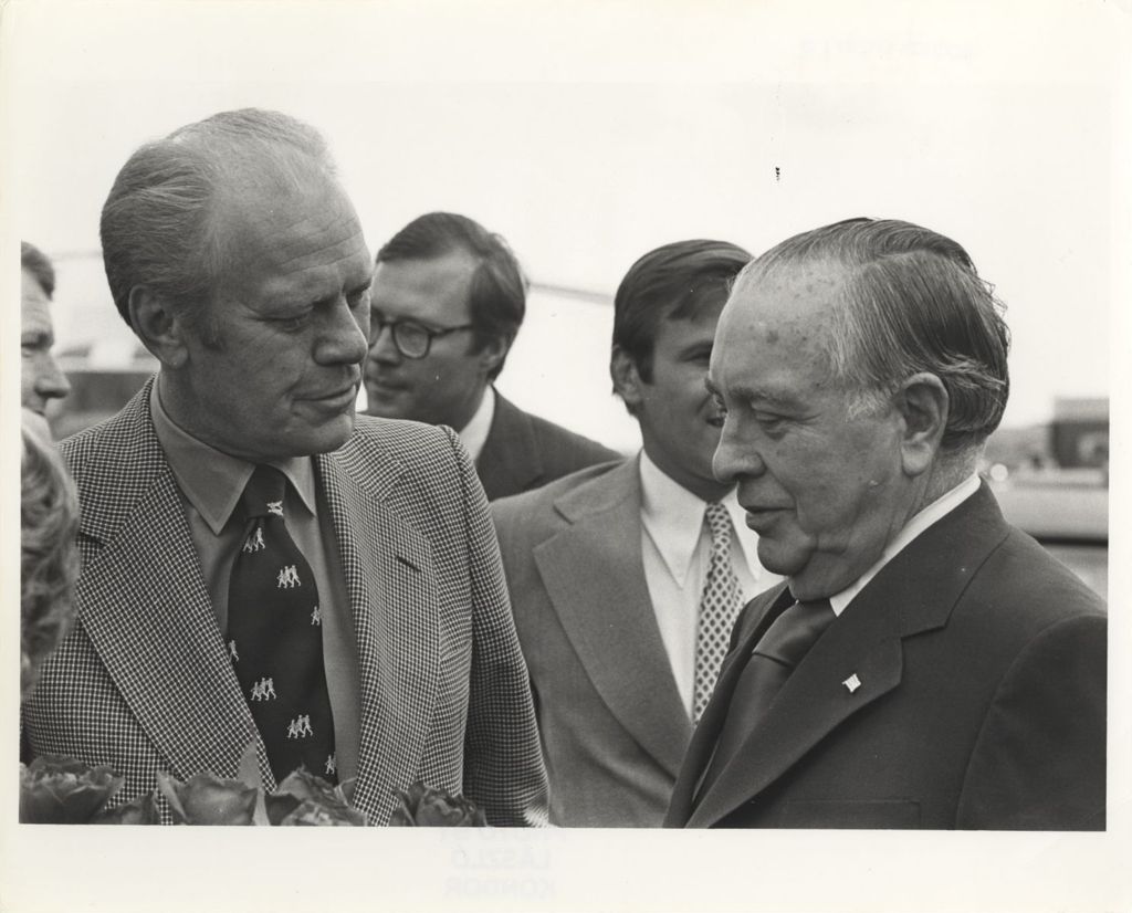 Miniature of Richard J. Daley greets President Gerald Ford as he arrives in Chicago
