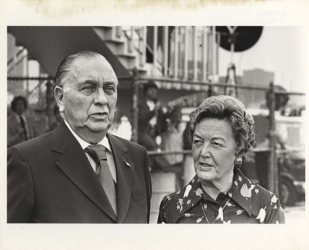 Richard J. and Eleanor Daley await the arrival of Gerald Ford in Chicago