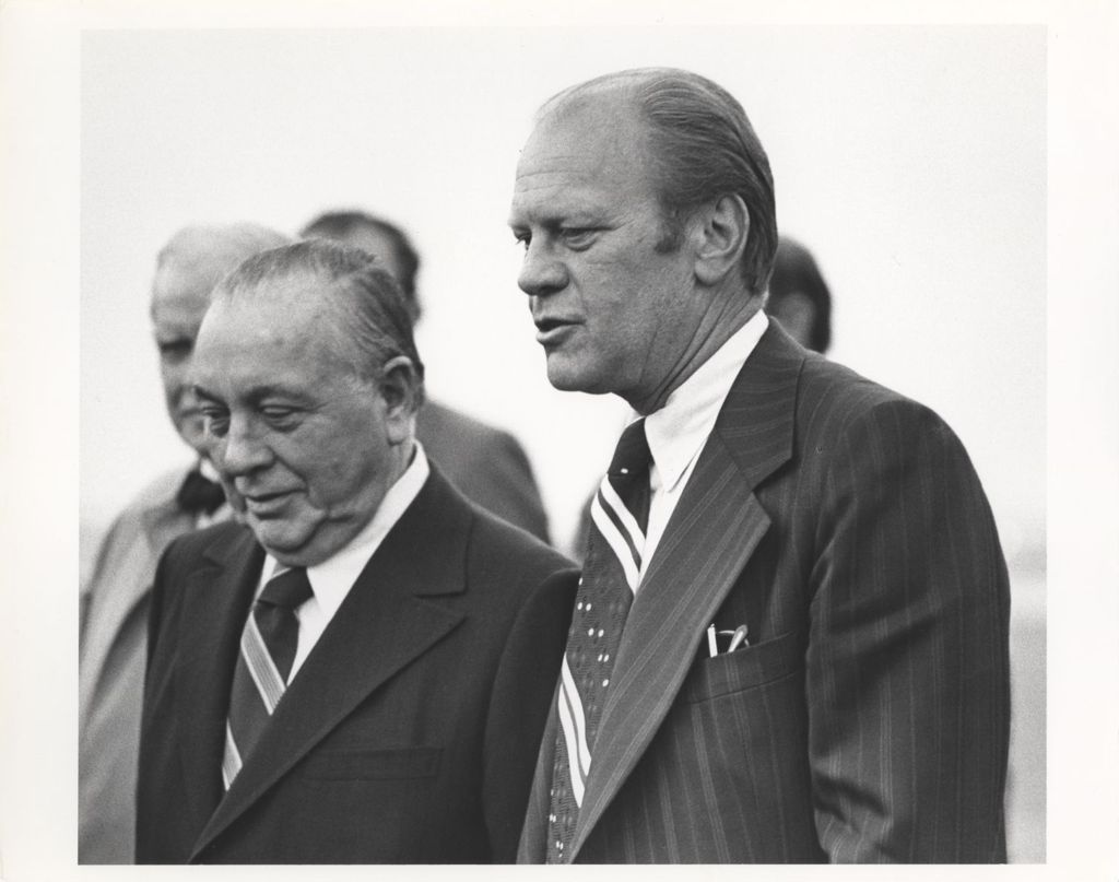 Richard J. Daley meets President Gerald Ford as he arrives in Chicago