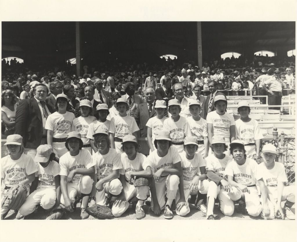 Richard J. Daley with baseball team at Comiskey Park