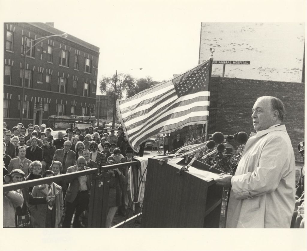 Richard J. Daley speaking to a crowd at a dedication
