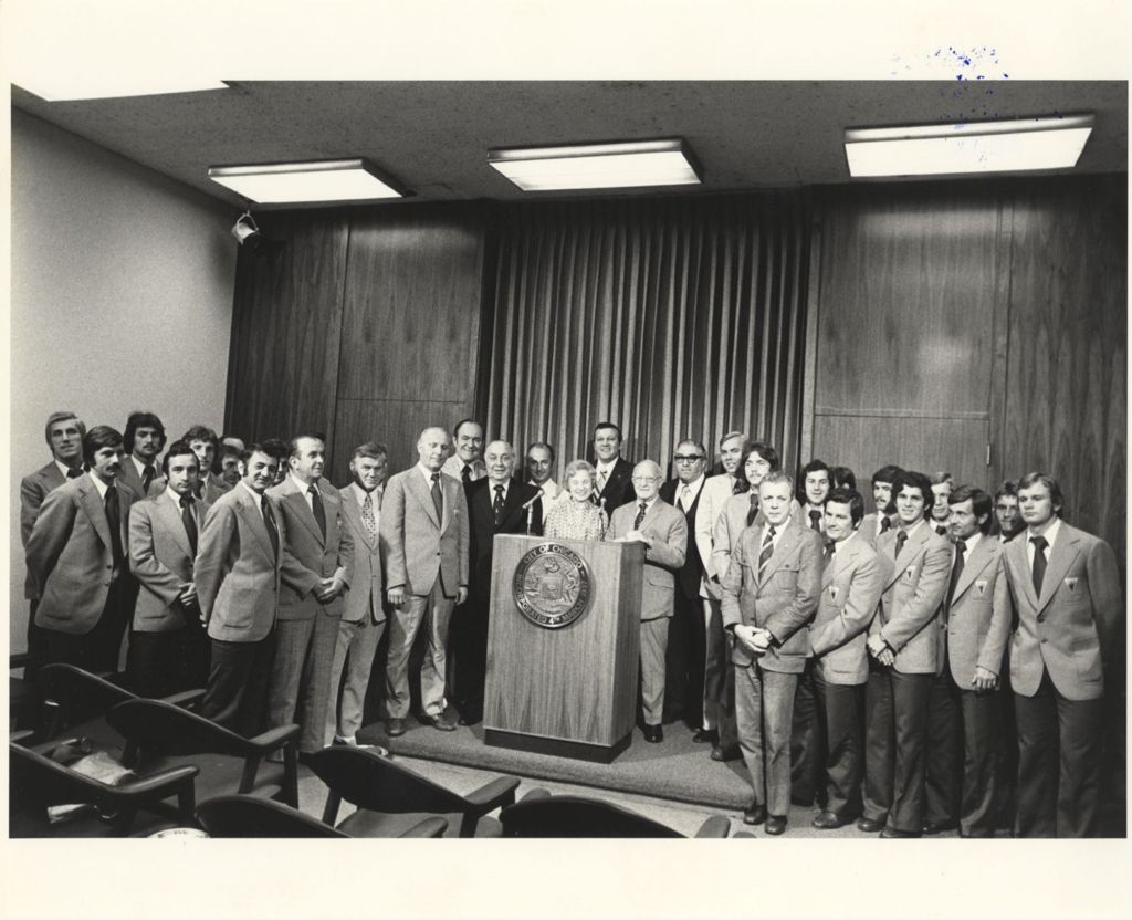 Miniature of Richard J. Daley with group in City Hall press conference room