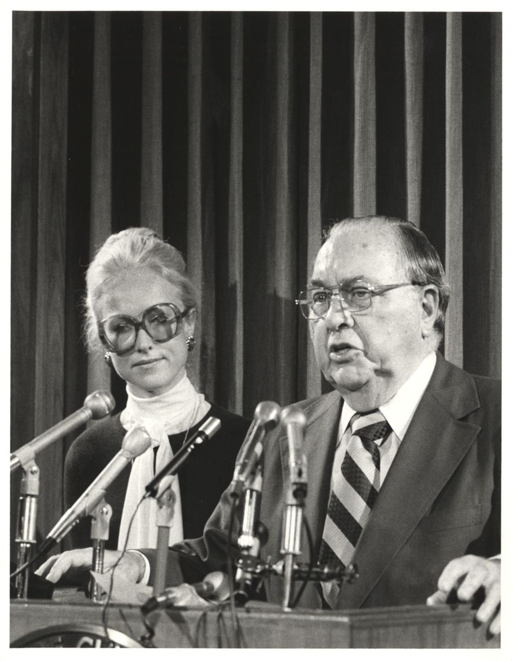 Miniature of Richard J. Daley with Heather Morgan at a press conference