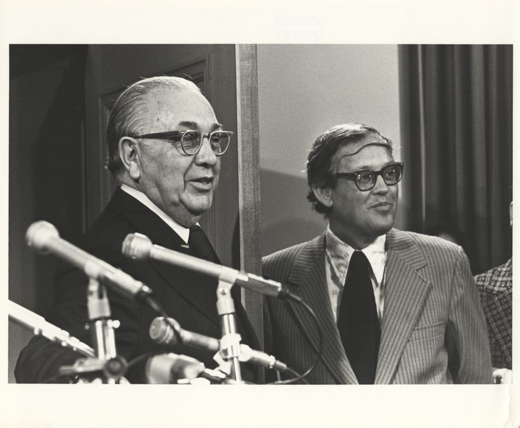 Miniature of Richard J. Daley and Frank Sullivan at press conference after Daley's hospitalization