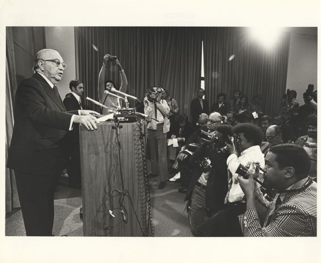 Richard J. Daley at City Hall press conference after his hospitalization