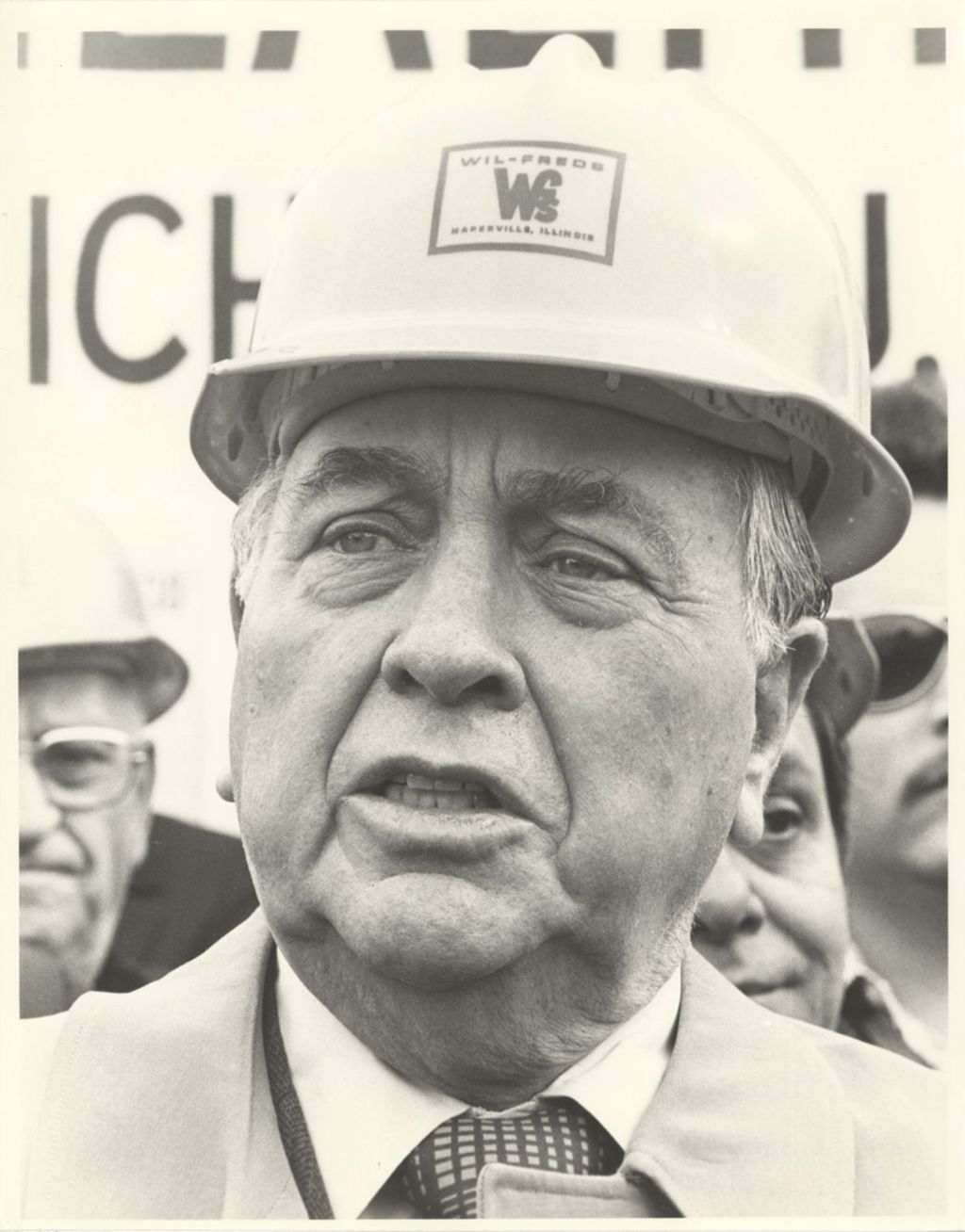 Richard J. Daley wearing a hard hat