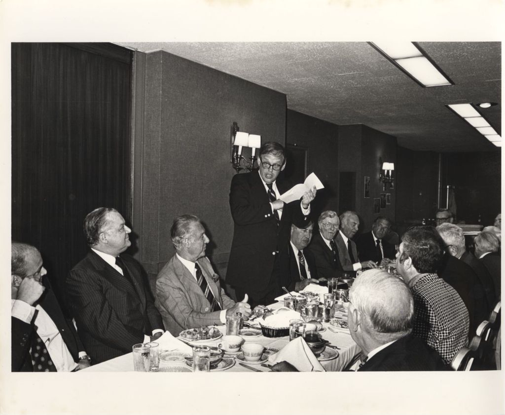 Miniature of Frank Sullivan, Press Secretary, speaking at a banquet