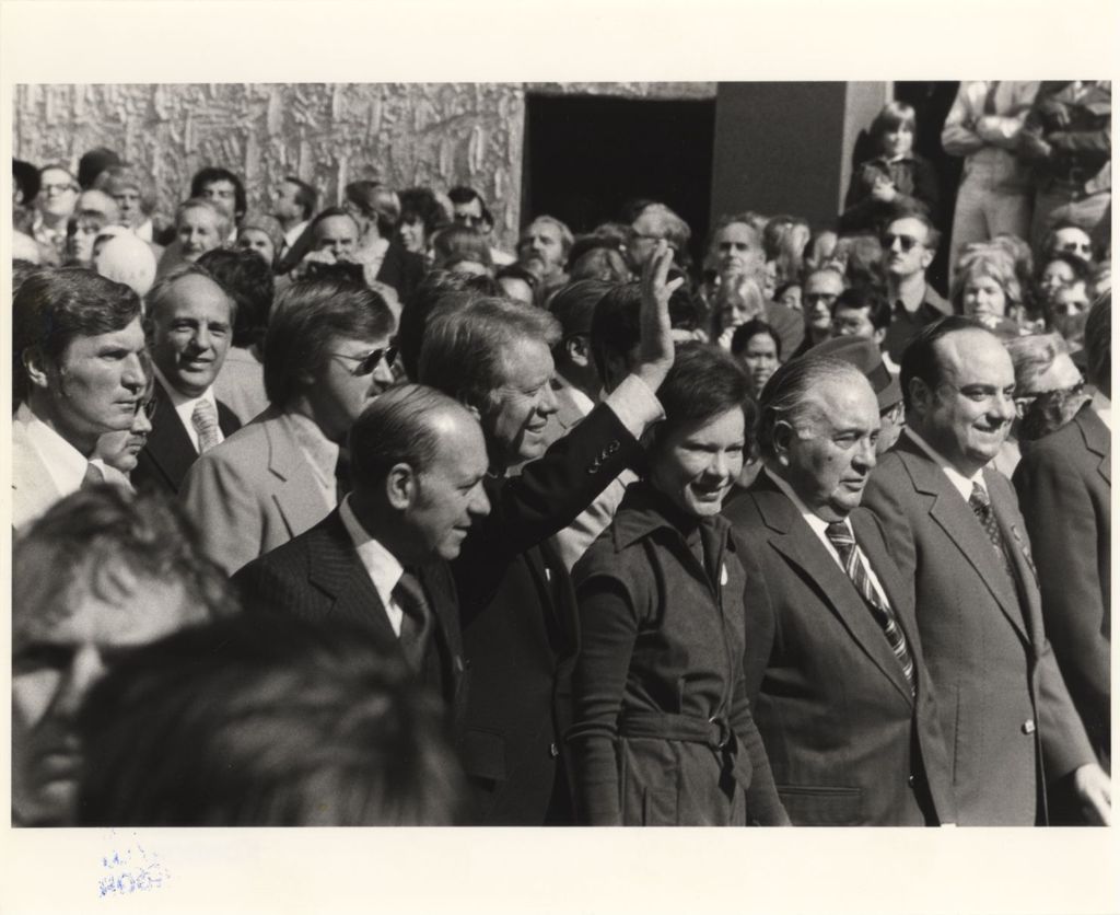 Presidential candidate Jimmy Carter, Rosalynn Carter, and Richard J. Daley in a crowd