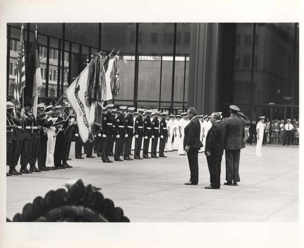 Chancellor Willy Brandt and Richard J. Daley with color guard in Civic Center Plaza