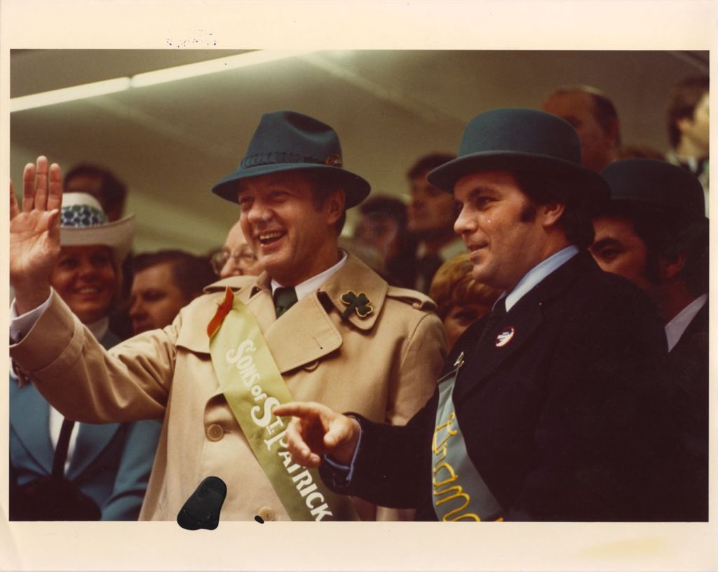 Miniature of St. Patrick's Day parade reviewing stand, Michael Bilandic and Richard M. Daley
