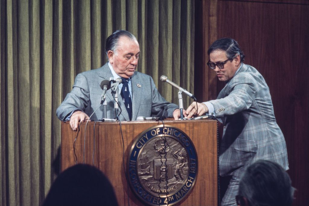 Richard J. Daley at the podium for a press conference