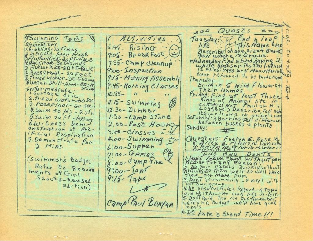 Miniature of Chart of activities for Camp Paul Bunyan