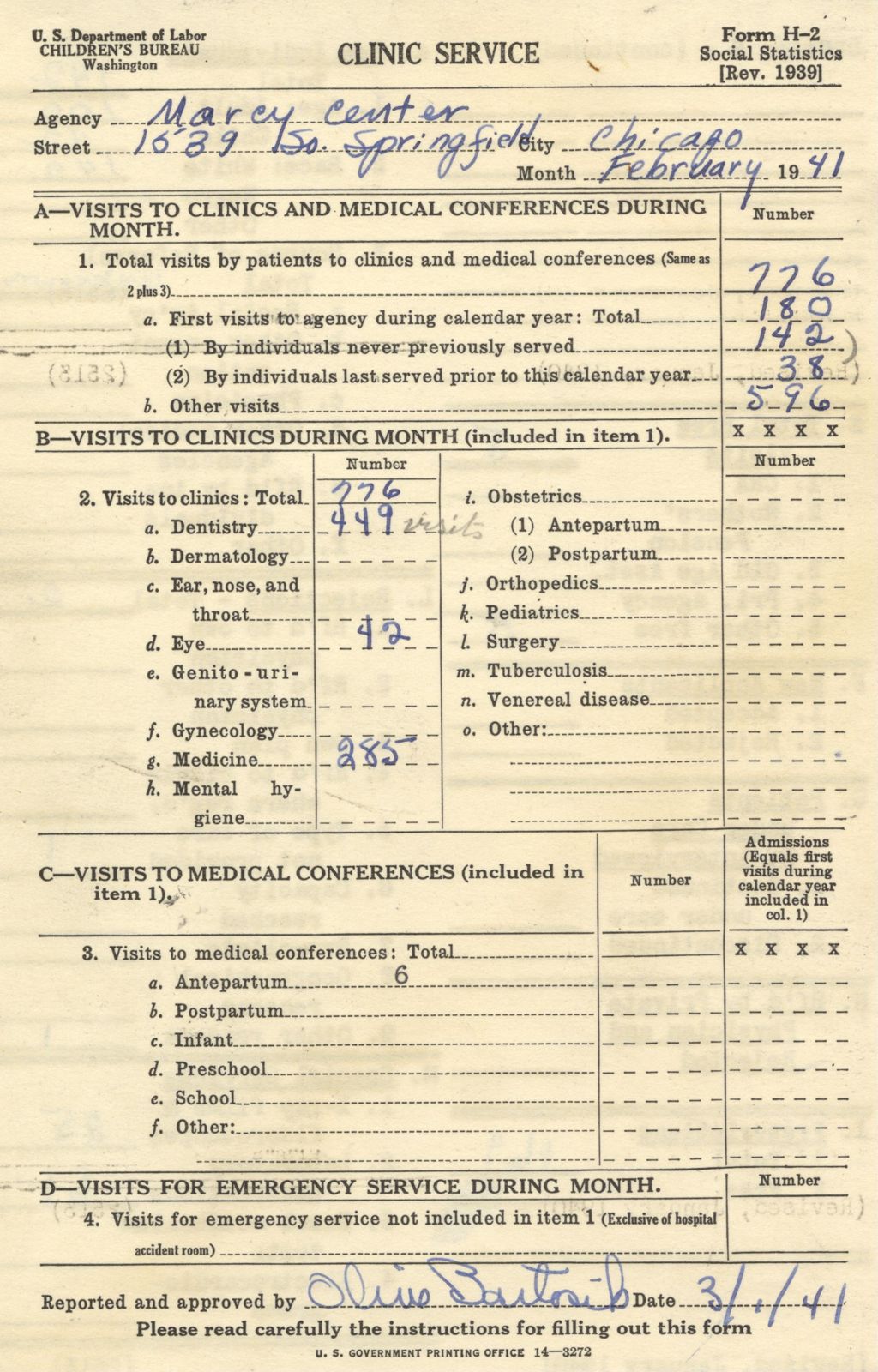 Marcy Center Clinic Service form for February 1941