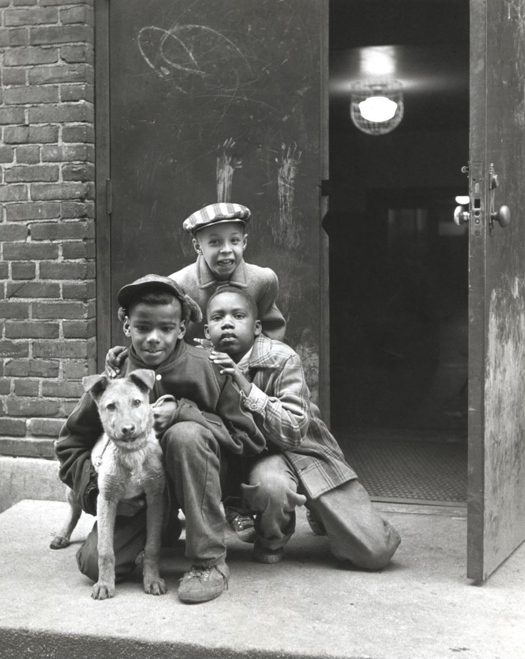 Three boys with a dog
