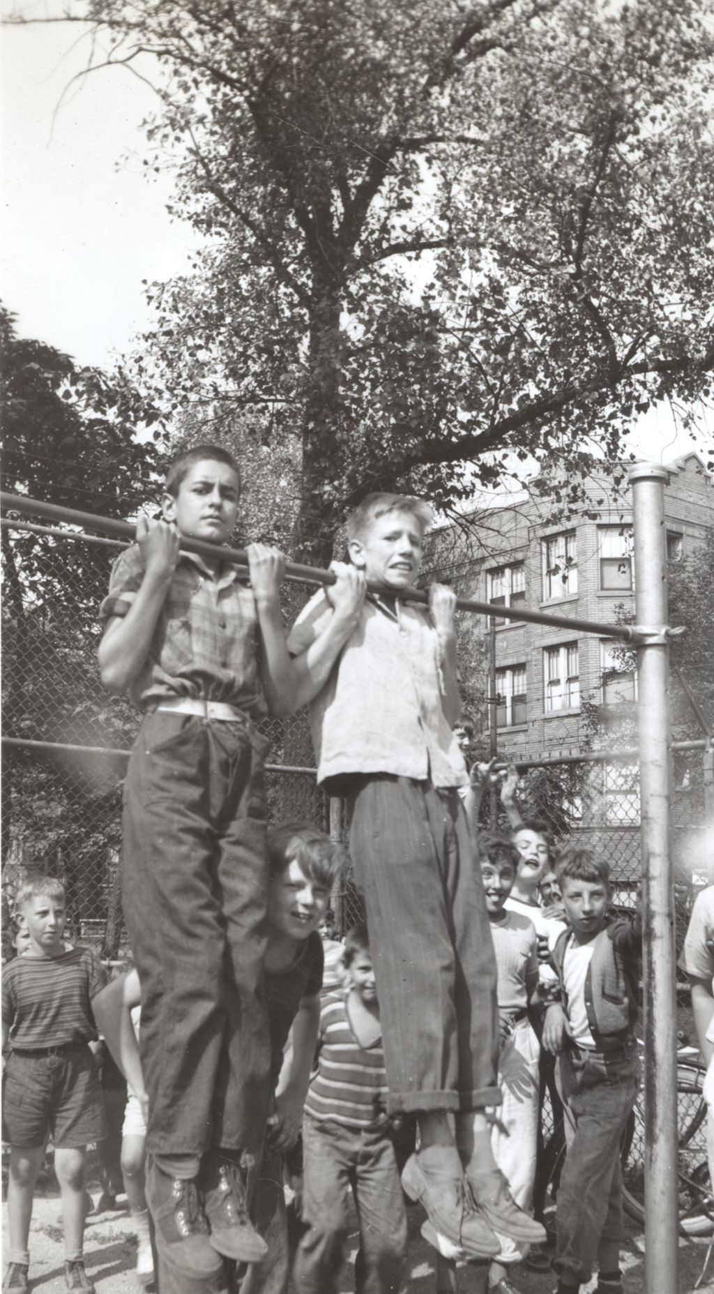 Boys holding chin-ups in the Marcy Center playground