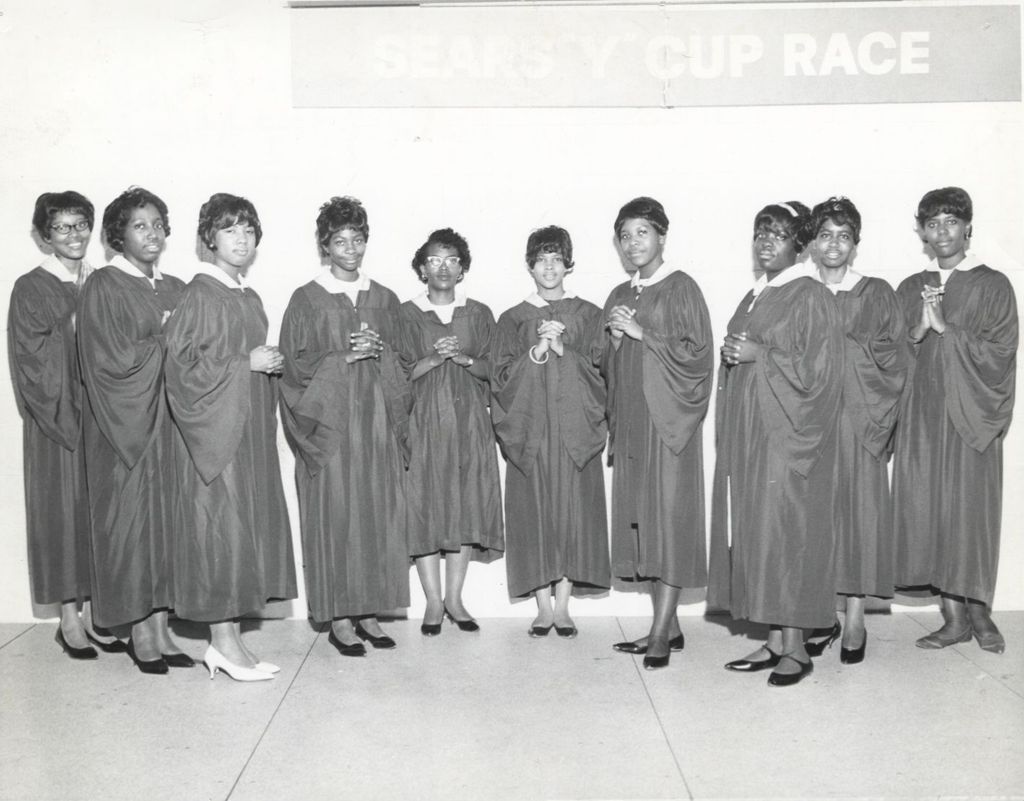 Miniature of Marcy Center Choralettes under sign for Sears "Y" Cup Race