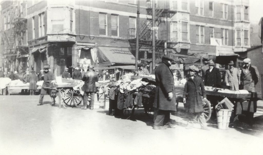 Miniature of Maxwell Street market scene with goods for sale in handbarrow carts