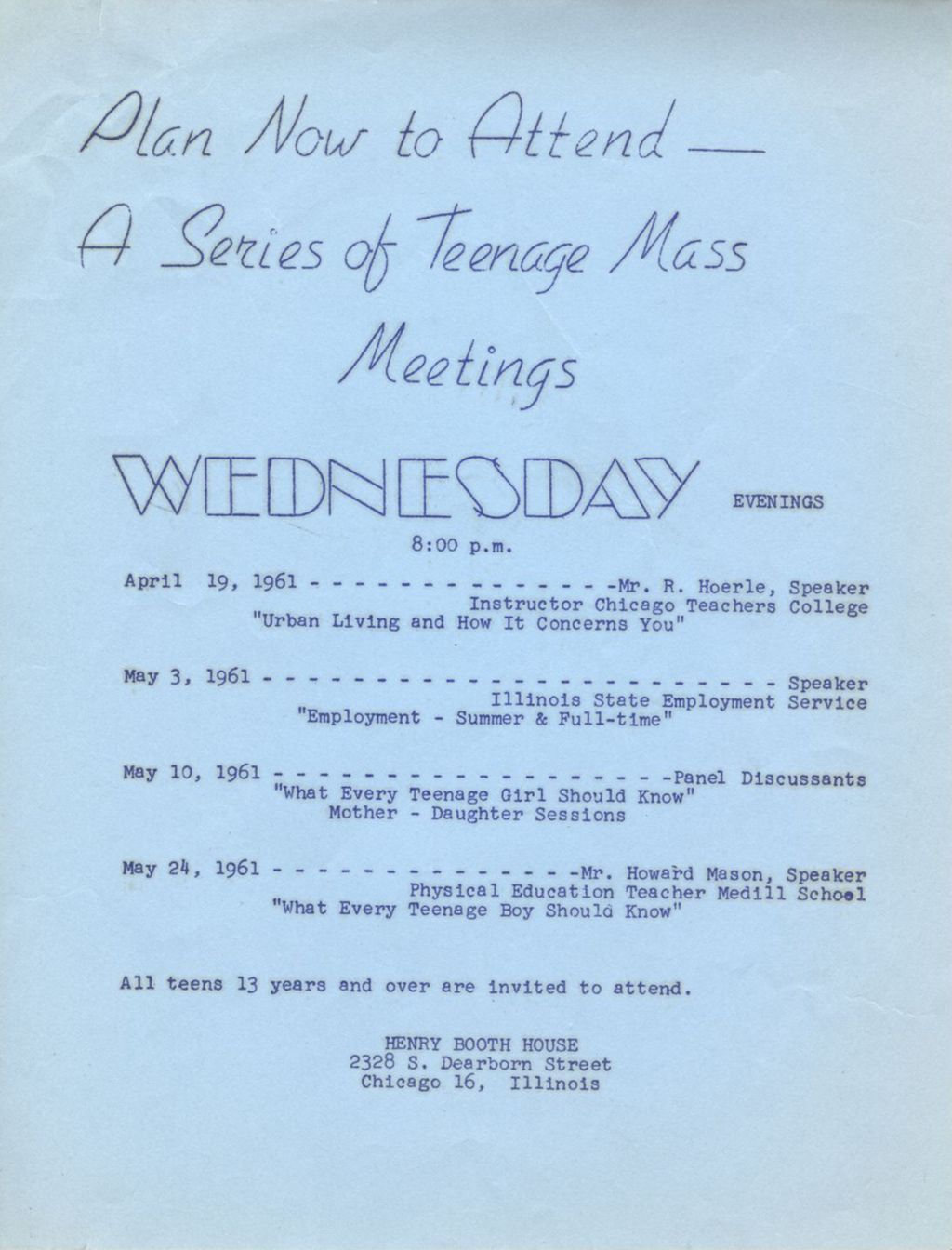 Teenage Mass Meetings flyer, Henry Booth House