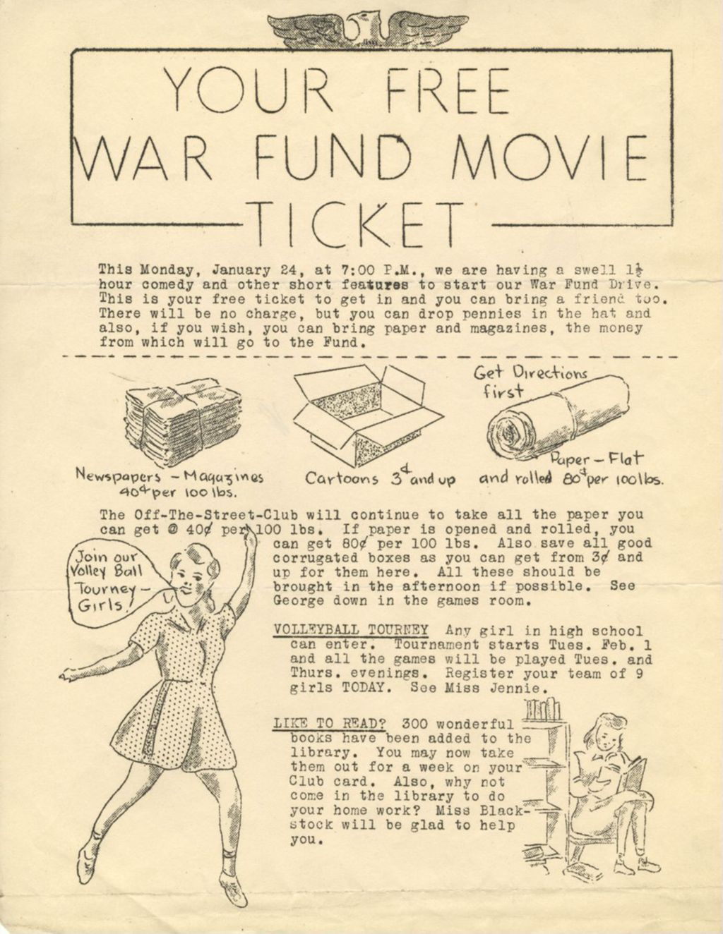 Off-The-Street Club flyer with free War Fund movie ticket