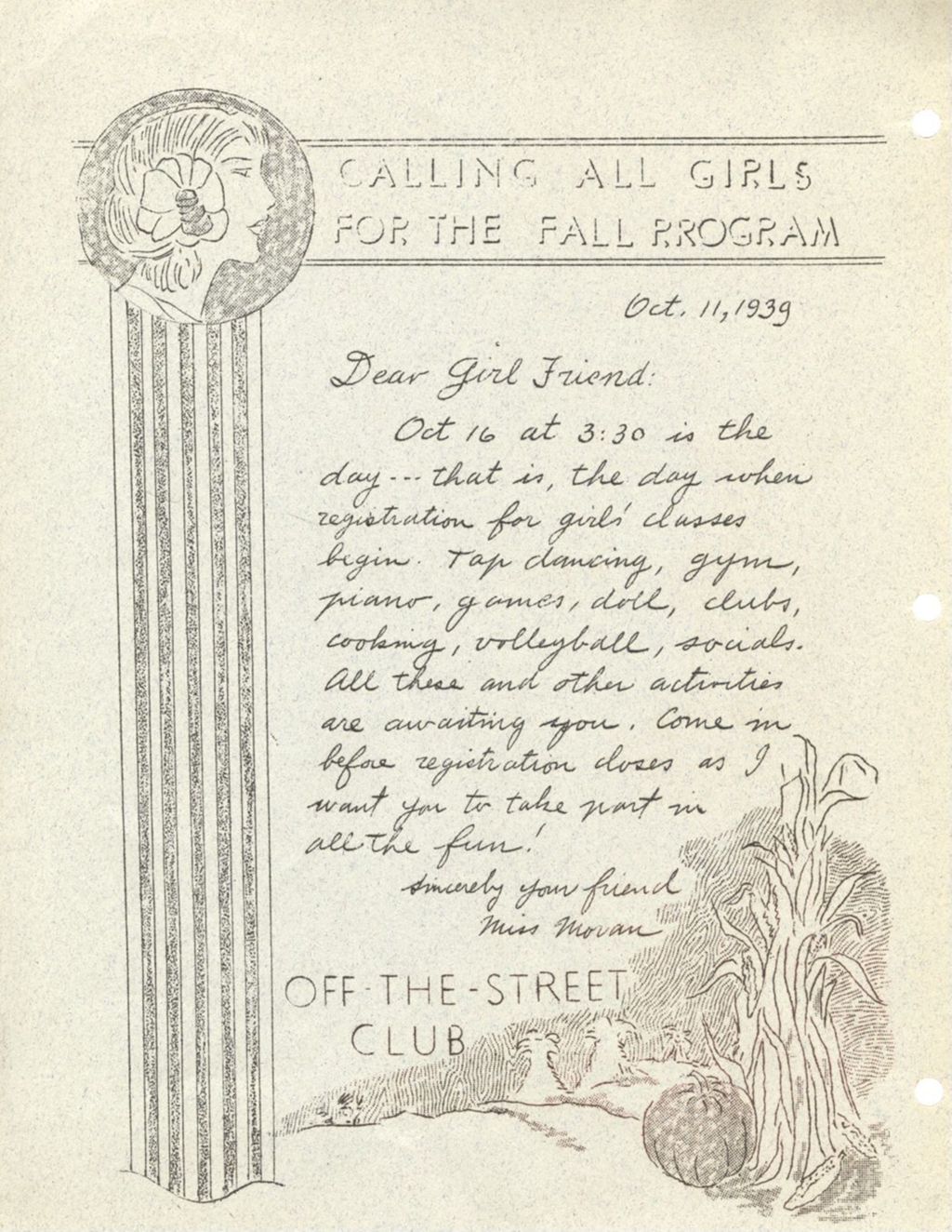 Miniature of Fall Program flyer for Girls' classes, Off-The-Street Club