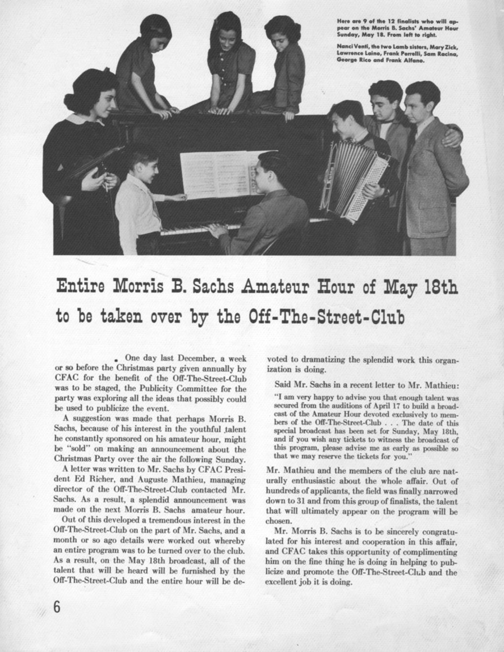 Off-The-Street-Club members appearing on Morris B. Sachs Amateur Hour