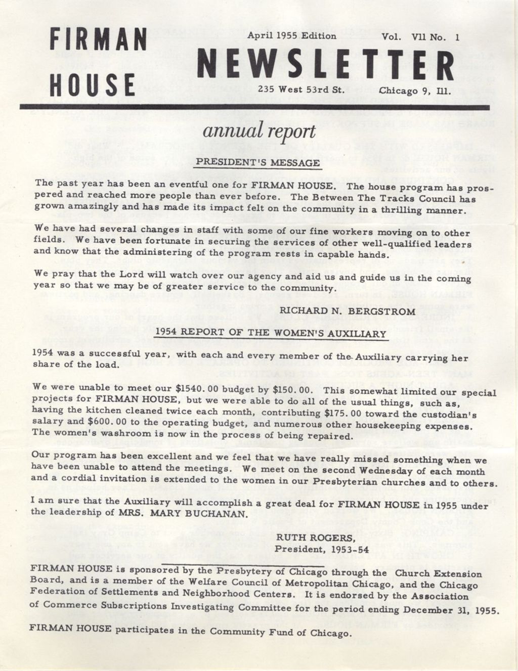 Miniature of Firman House newsletter: annual report edition