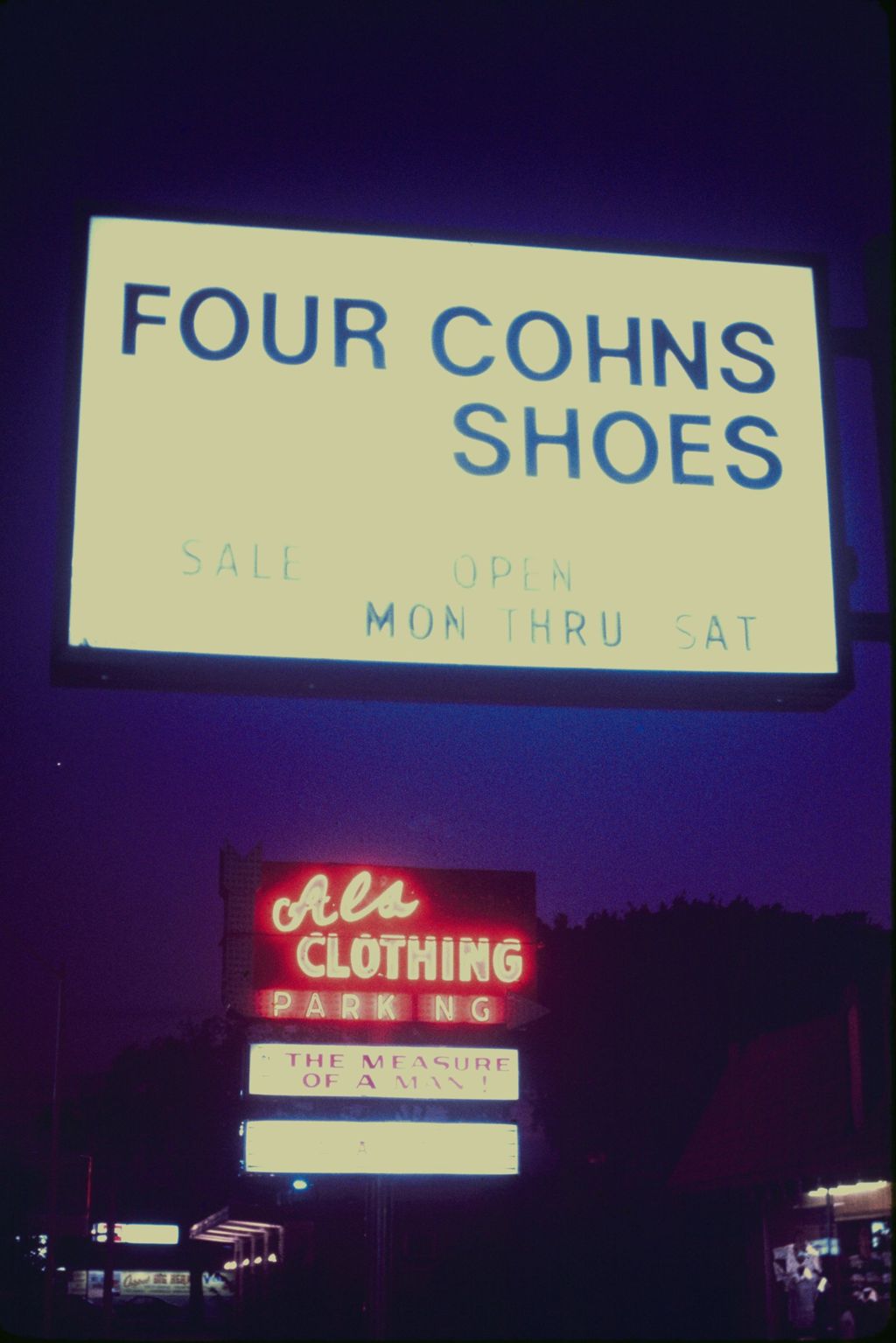 Four Cohns Shoes and Al's Clothing signs, Skokie