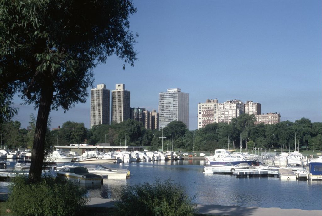 Boats in Diversey Harbor and Lincoln Park apartment buildings