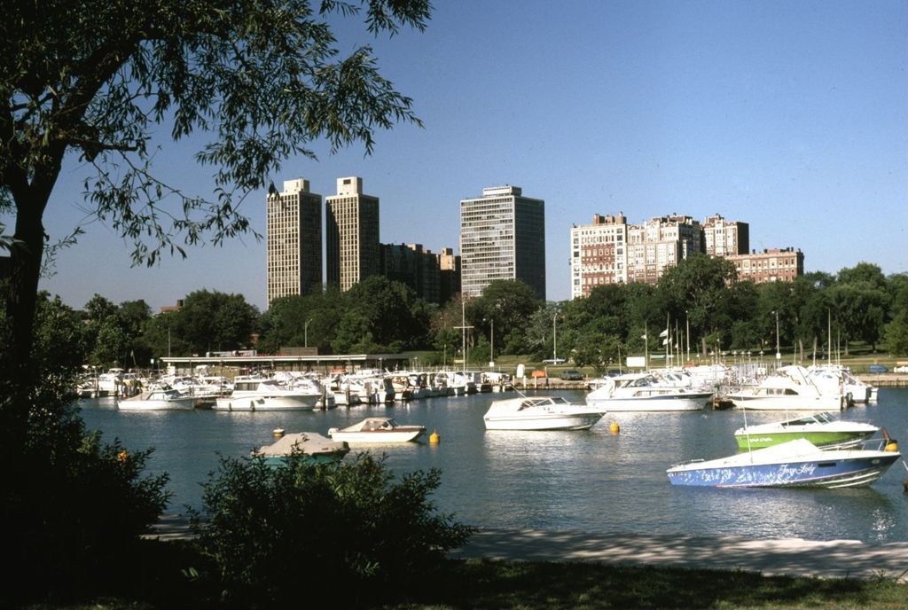 Boats in Diversey Harbor, and Lincoln Park apartment buildings