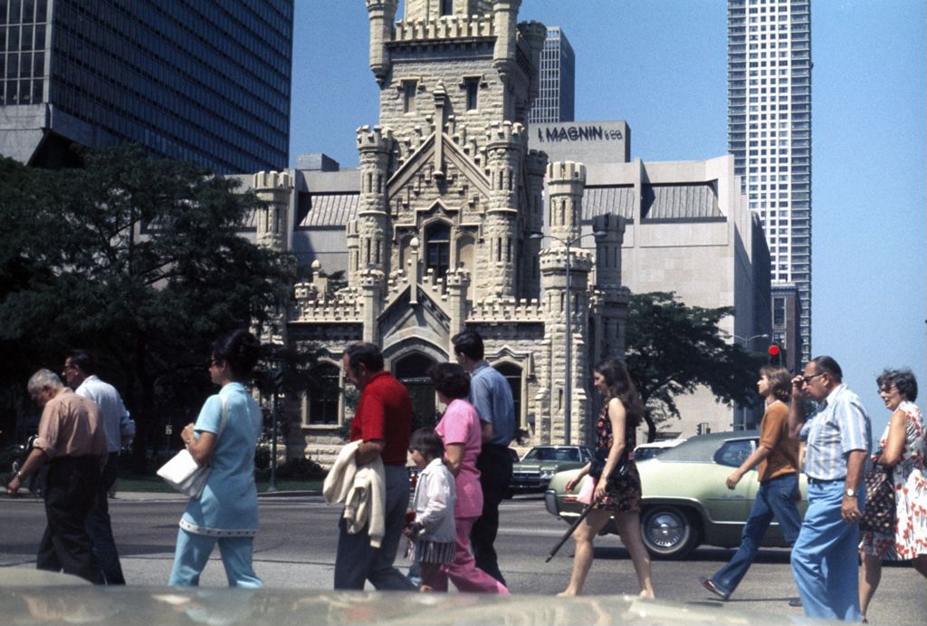 Pedestrians in front of Chicago Water Tower