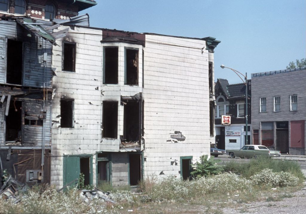 Burned-out building, N. Larrabee Street near North Ogden Avenue