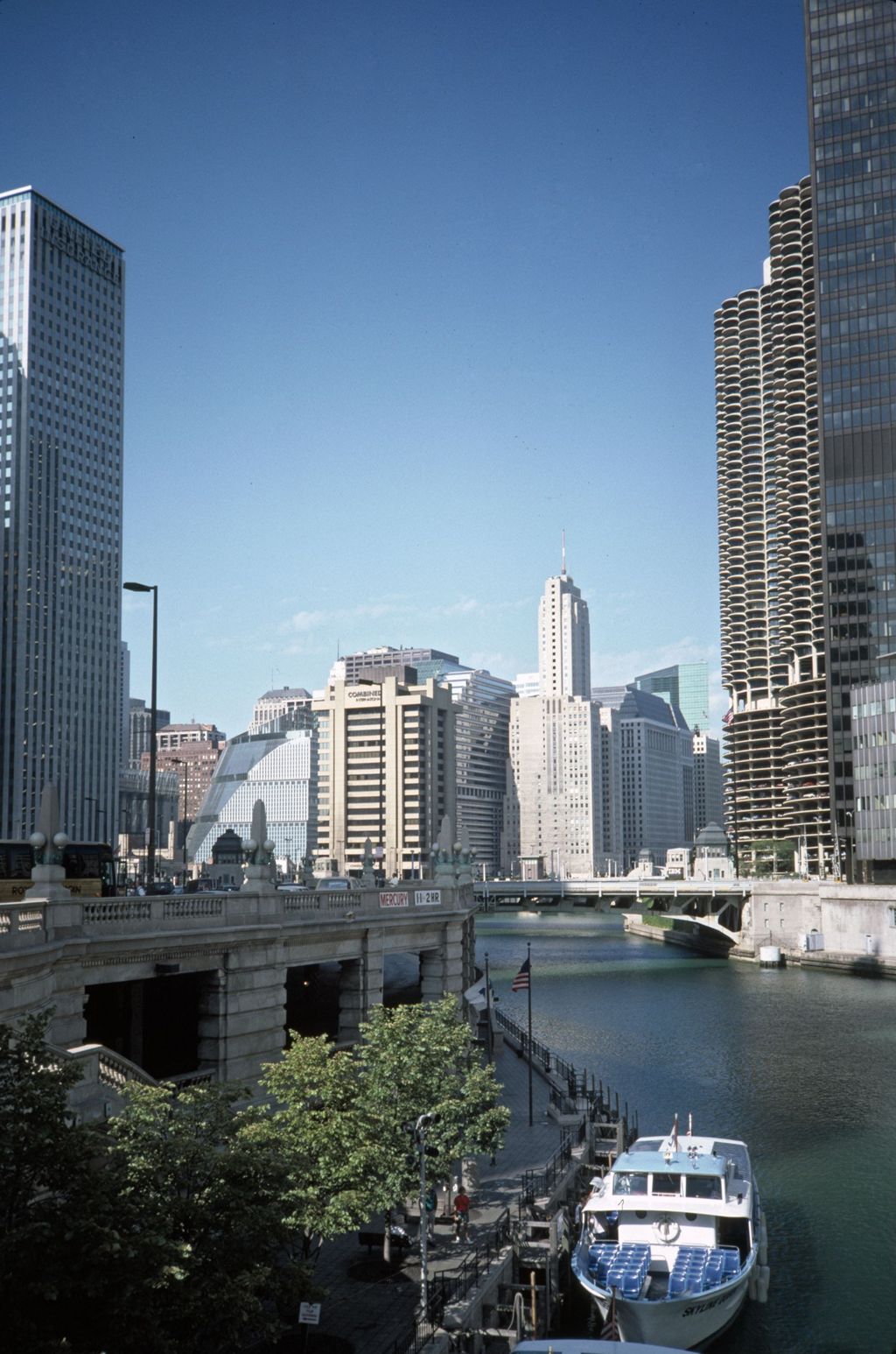 Chicago Riverwalk and downtown high-rise buildings