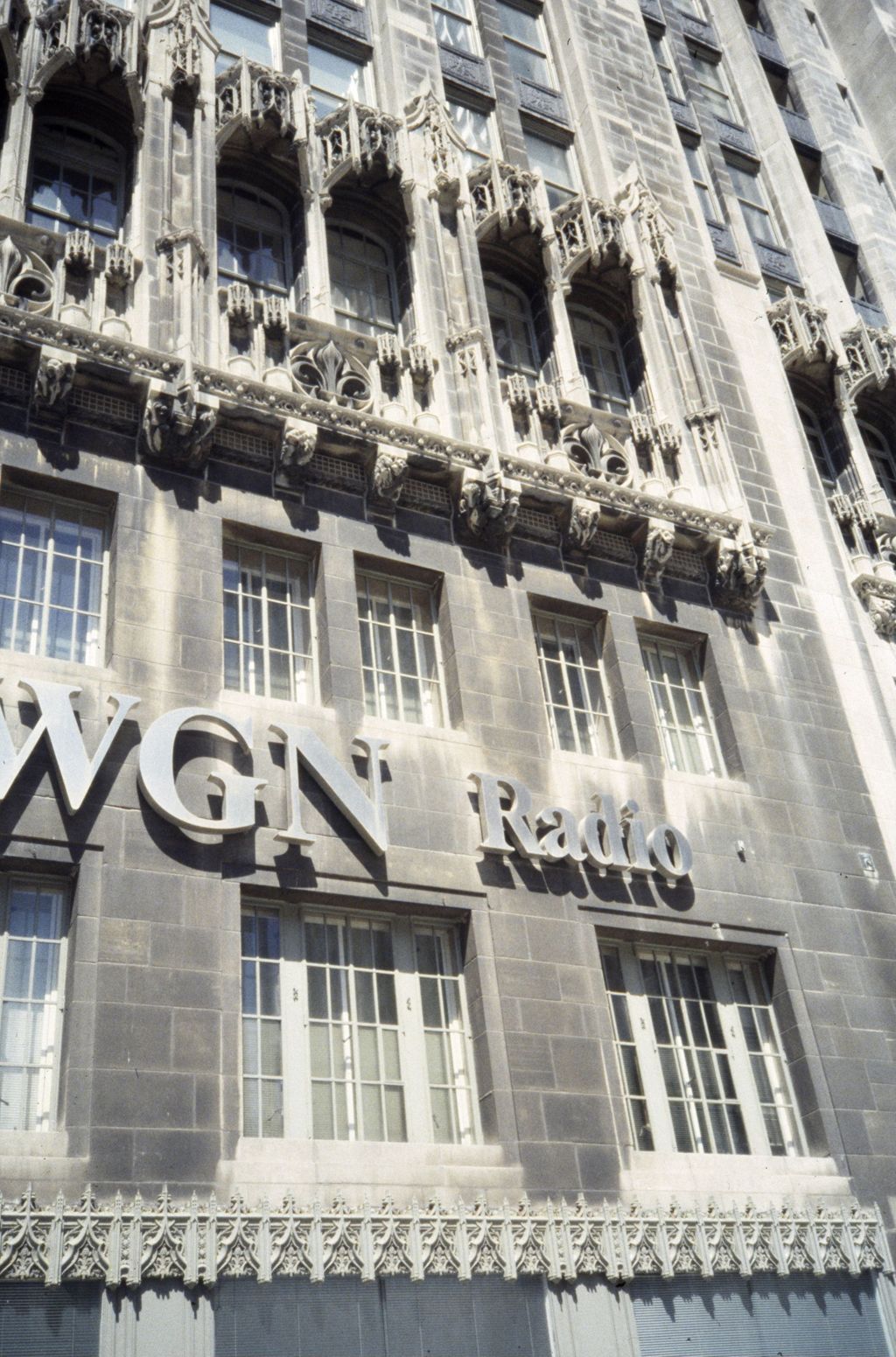 Tribune Tower architectural ornament and WGN Radio sign