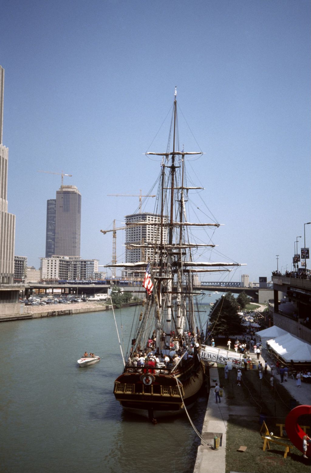 HMS Rose moored on the Chicago River