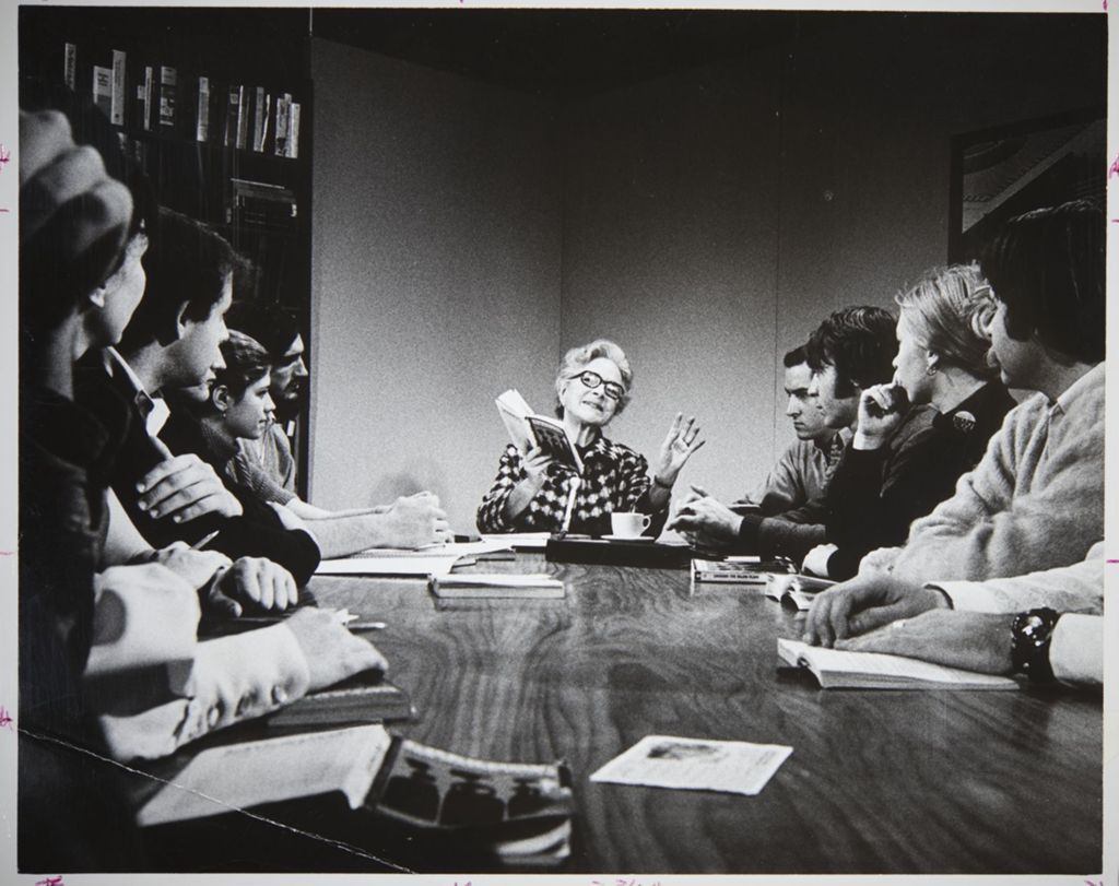 Miniature of Publicity shots of actress and faculty member Helen Hayes addressing students