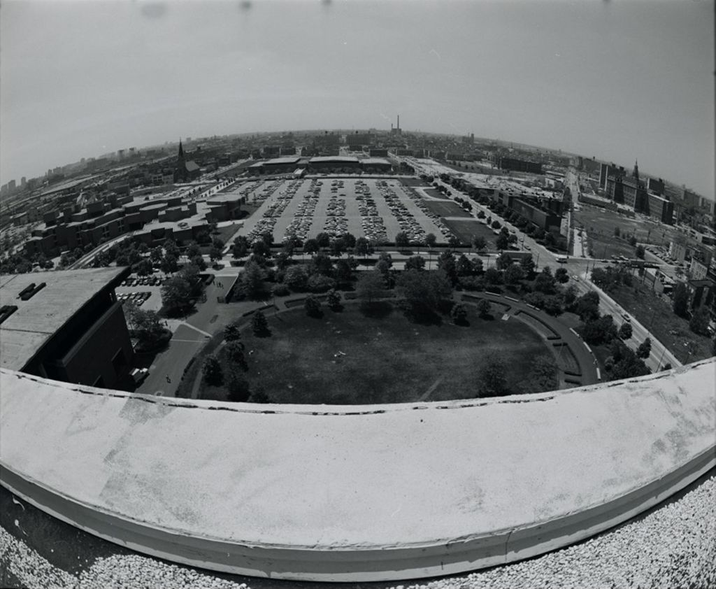 Miniature of Aerial view of a parking lot and the surrounding neighborhood from the Science and Engineering Offices