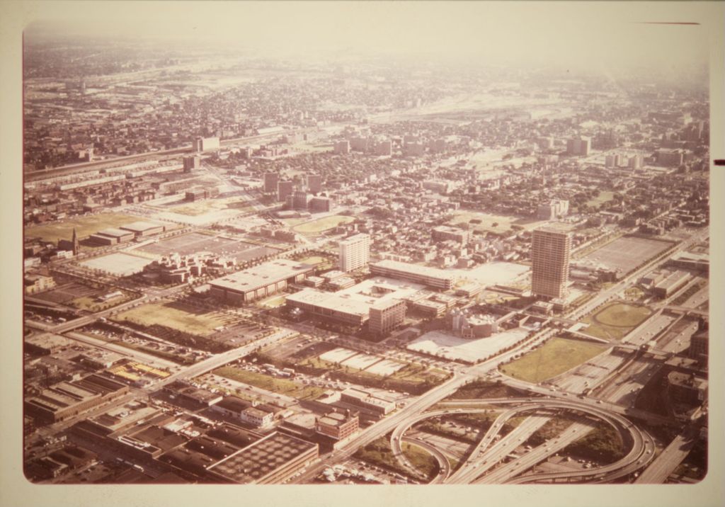 Aerial view of campus and the Circle expressway exchange from the northeast