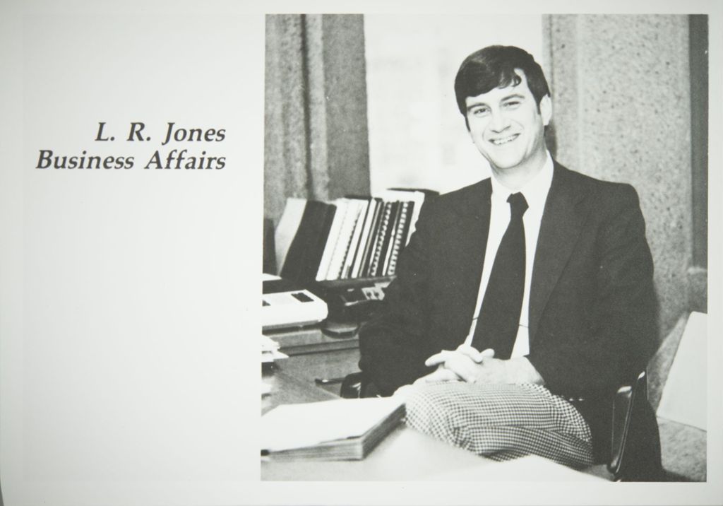 Photo of a page from the UICC yearbook featuring L.R. Jones in Business Affairs