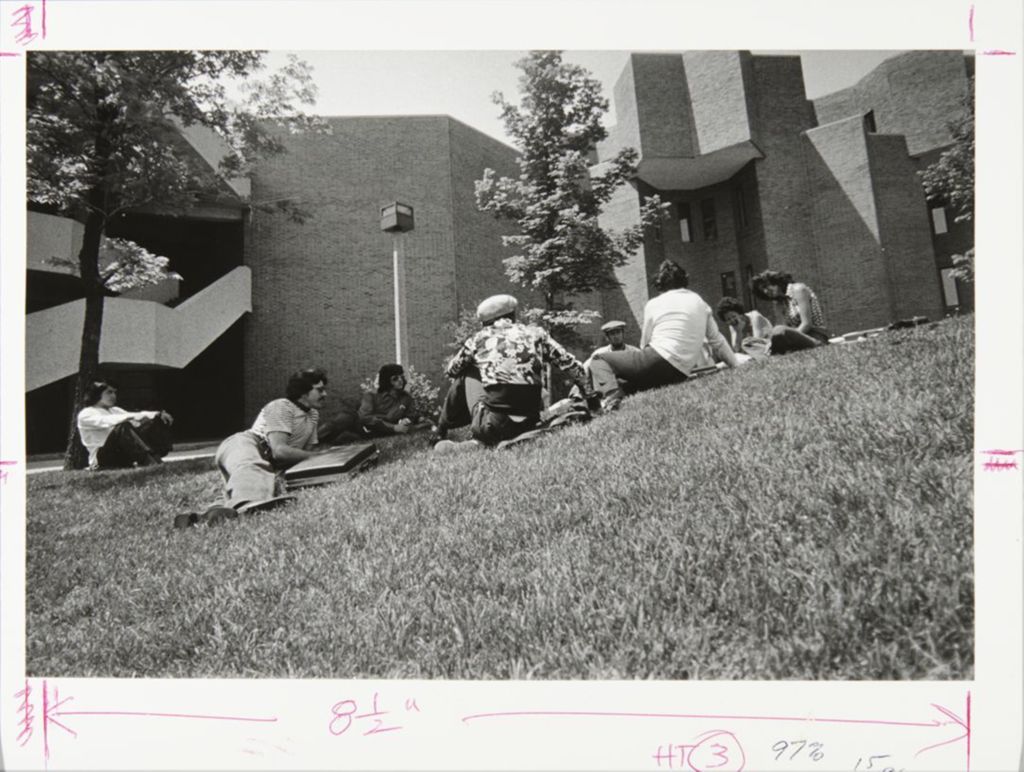 Students sitting on the lawn outside of the Behavioral Sciences building