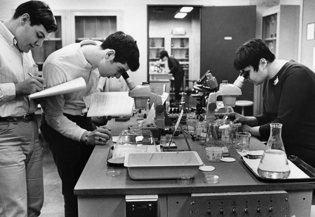 Miniature of Students using microscopes in a science lab
