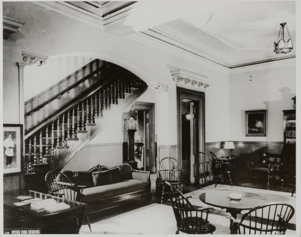 Miniature of Reception room and main staircase prior to restoration, Jane Addams Hull-House Museum